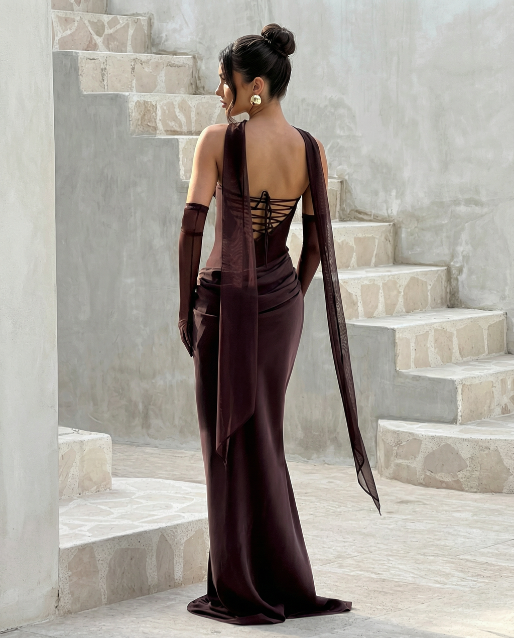 Akemi | Women's Fitted Strapless Choker Scarf Maxi Dress