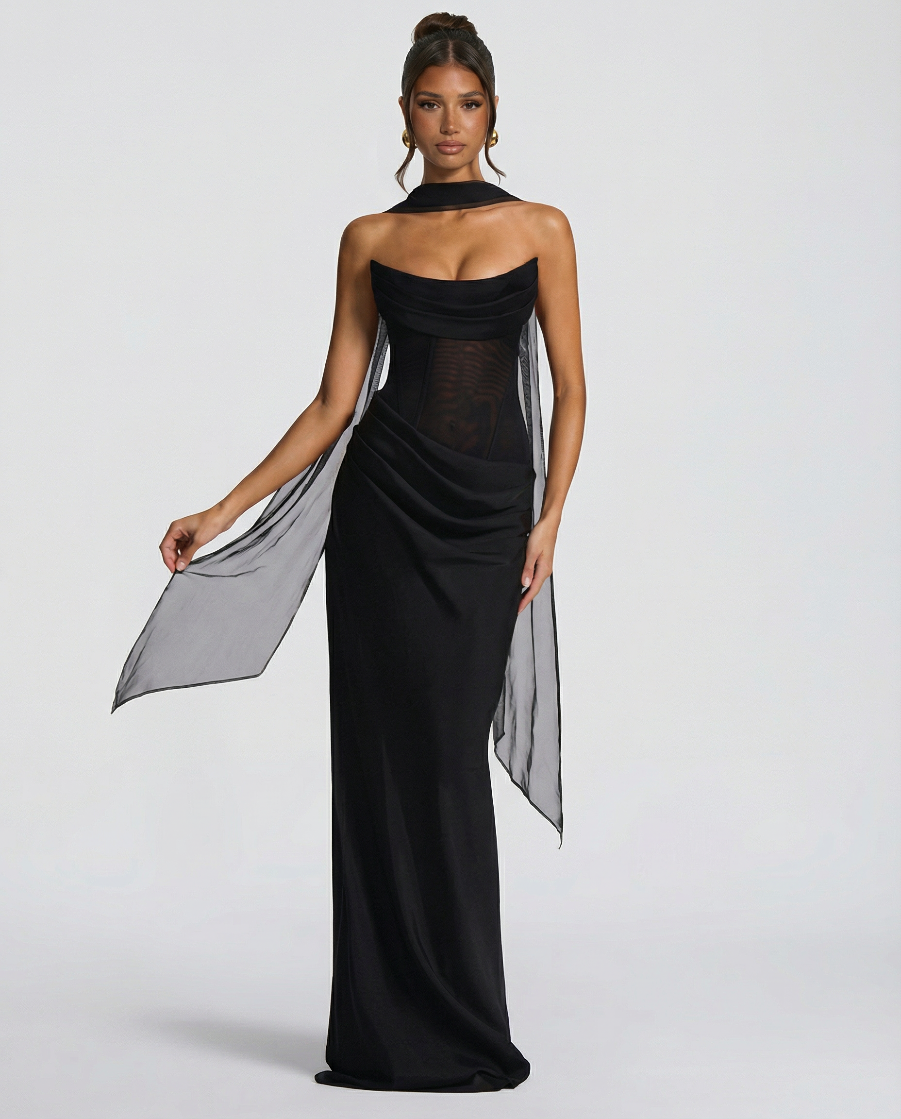 Akemi | Women's Fitted Strapless Choker Scarf Maxi Dress