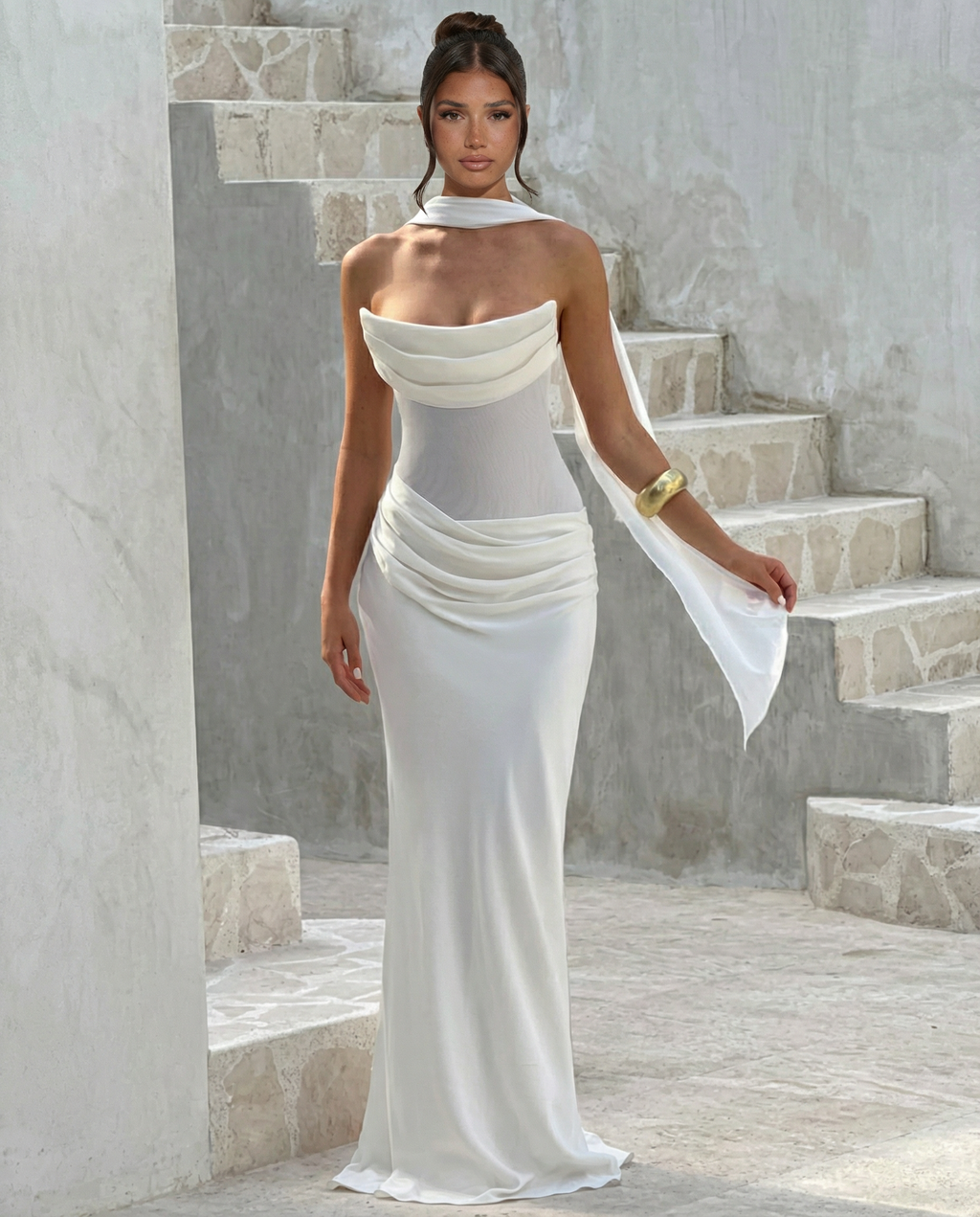 Akemi | Women's Fitted Strapless Choker Scarf Maxi Dress