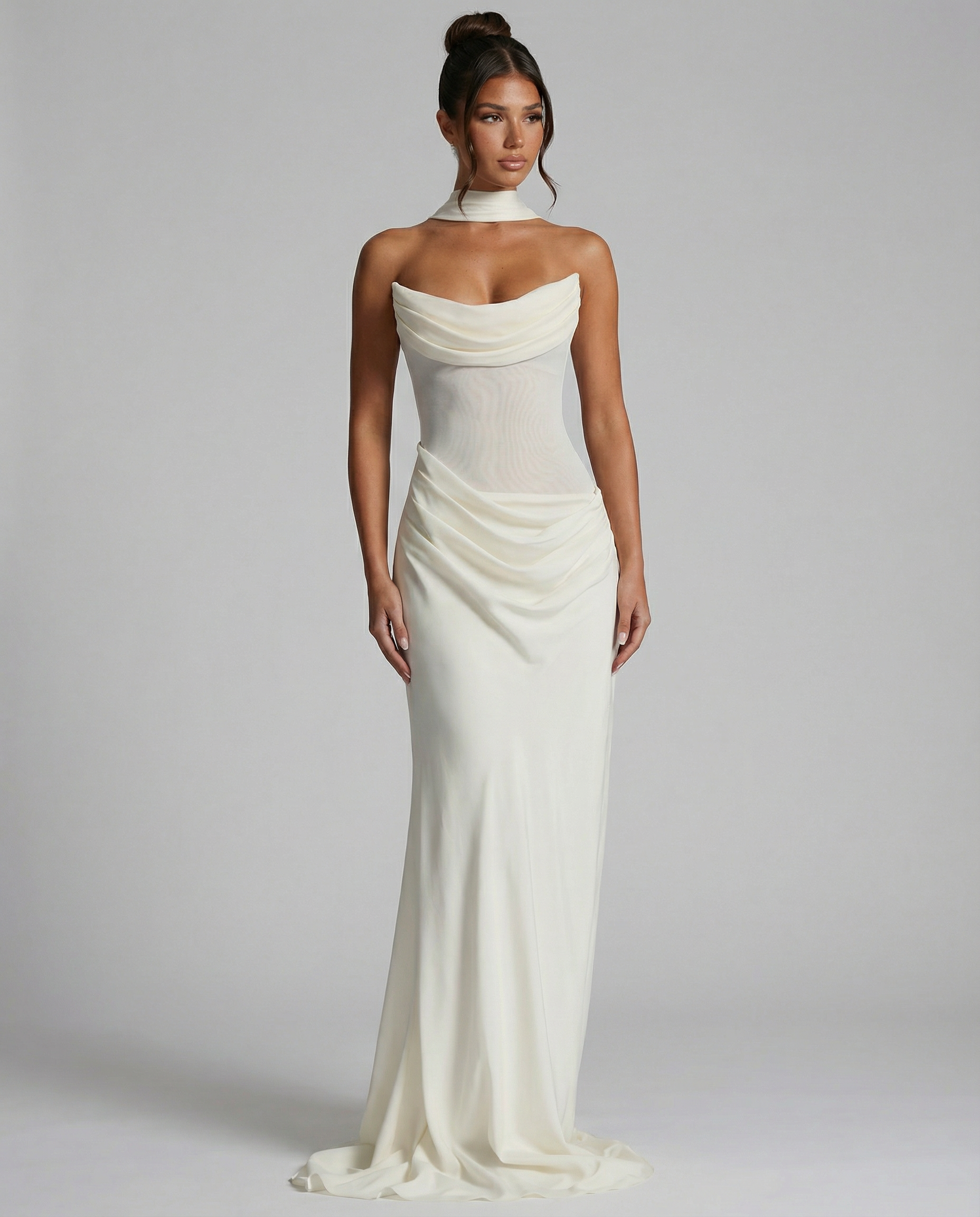 Akemi | Women's Fitted Strapless Choker Scarf Maxi Dress