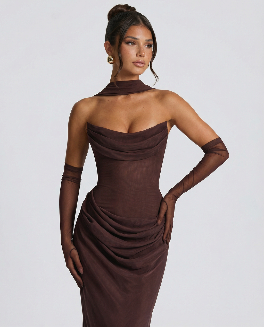 Akemi | Women's Fitted Strapless Choker Scarf Maxi Dress
