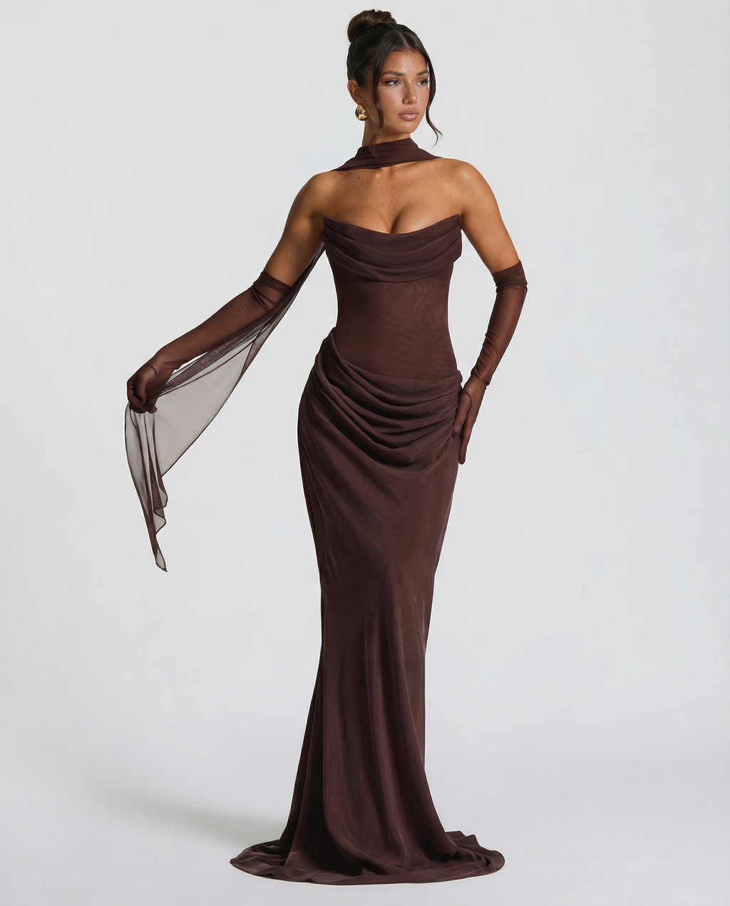 Akemi | Women's Fitted Strapless Choker Scarf Maxi Dress