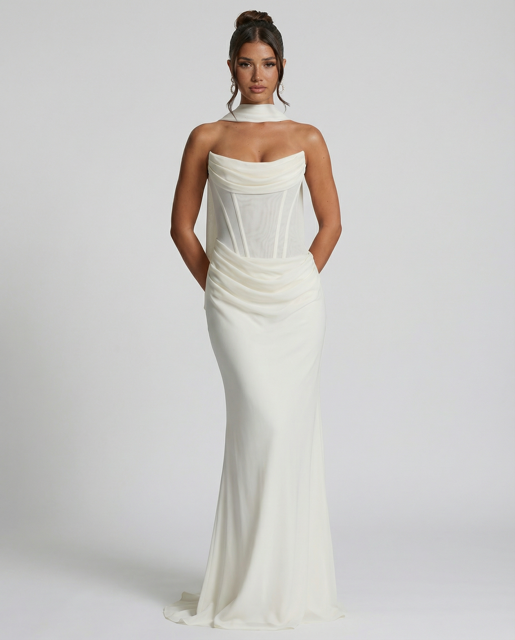 Akemi | Women's Fitted Strapless Choker Scarf Maxi Dress