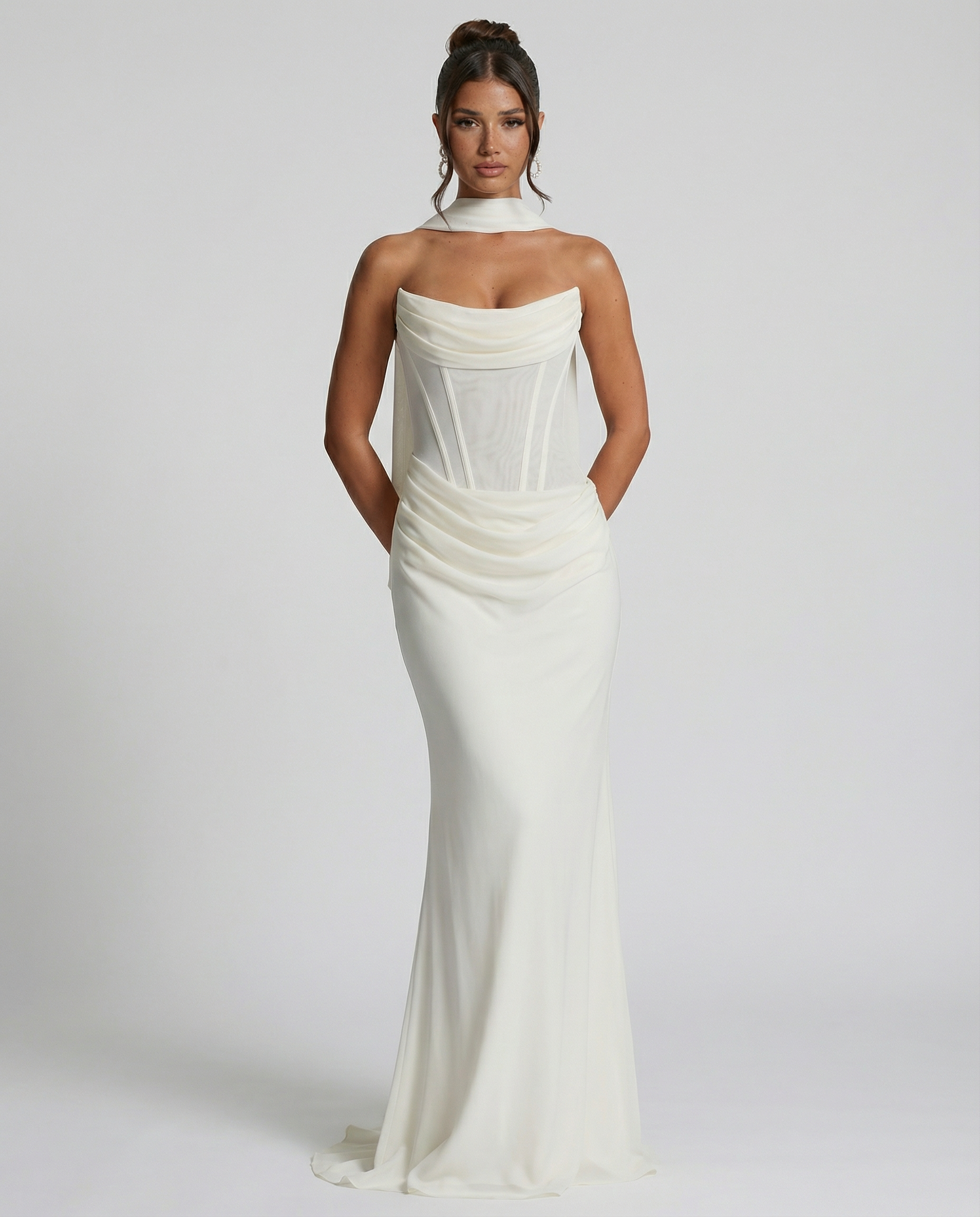 Akemi | Women's Fitted Strapless Choker Scarf Maxi Dress