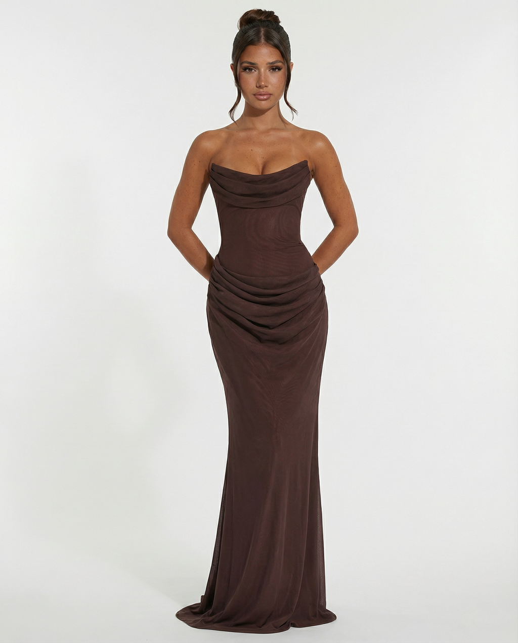 Akemi | Women's Fitted Strapless Choker Scarf Maxi Dress