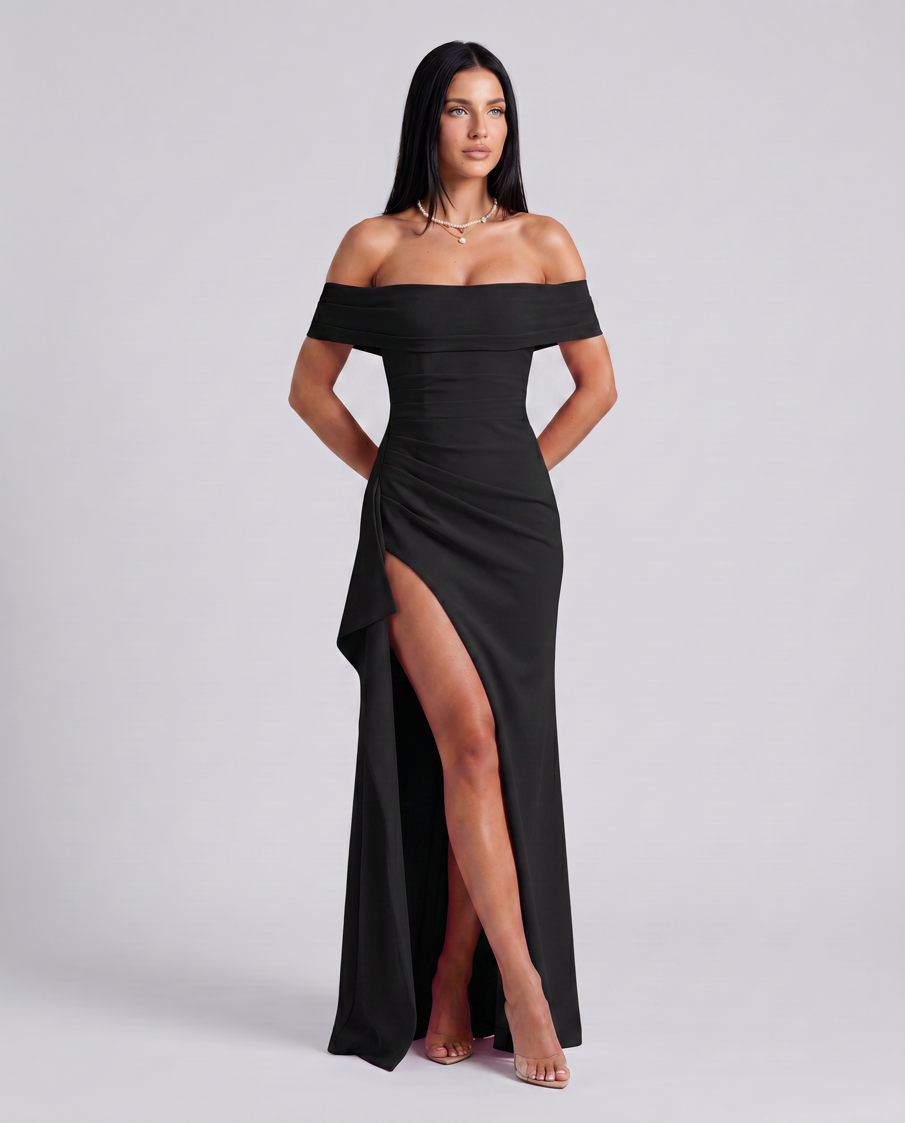 Alaine | Women's Draped Off Shoulder High Slit Maxi Dress
