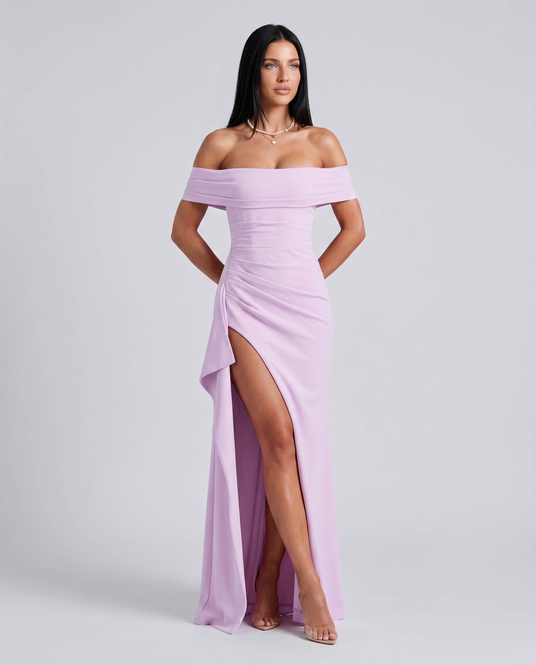 Alaine | Women's Draped Off Shoulder High Slit Maxi Dress