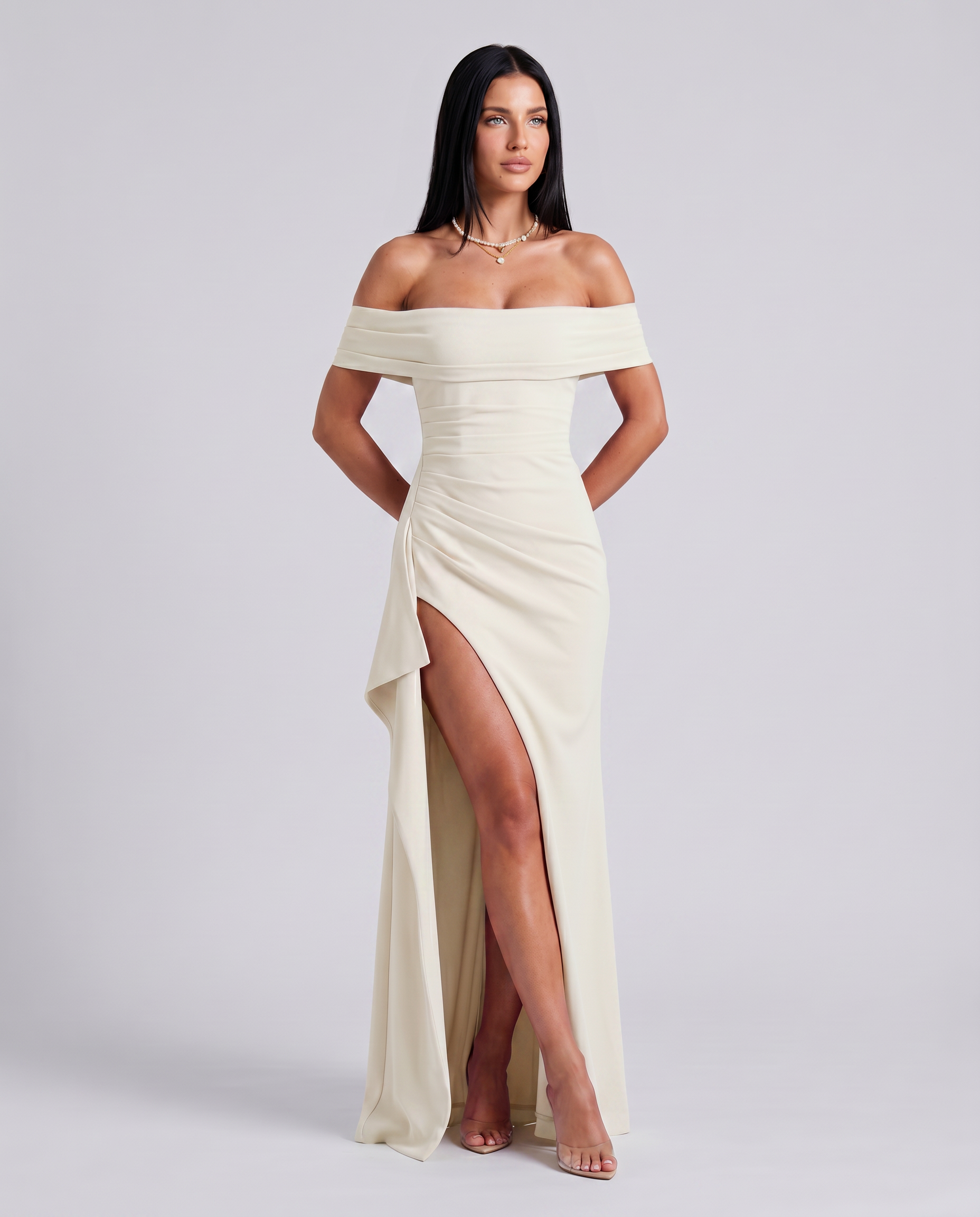Alaine | Women's Draped Off Shoulder High Slit Maxi Dress