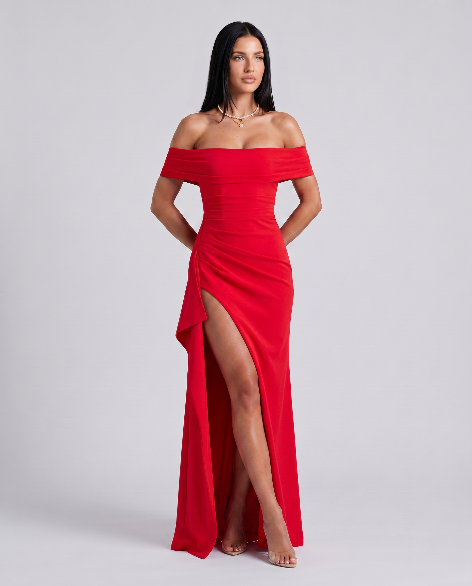 Alaine | Women's Draped Off Shoulder High Slit Maxi Dress