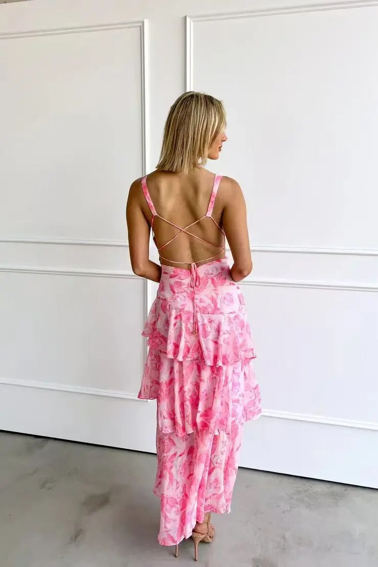 Alana | Women’s Floral Print Backless Wedding Guest Dress