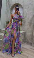 Alannah | Women’s Flowy Floral Print One Shoulder High Slit Maxi Dress