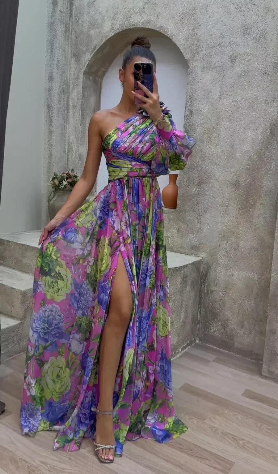 Alannah | Women’s Flowy Floral Print One Shoulder High Slit Maxi Dress