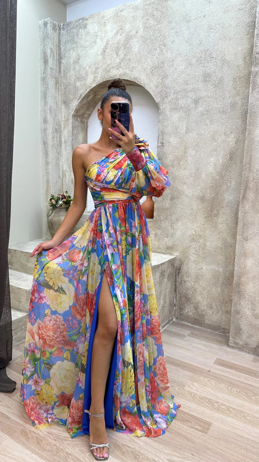 Alannah | Women’s Flowy Floral Print One Shoulder High Slit Maxi Dress