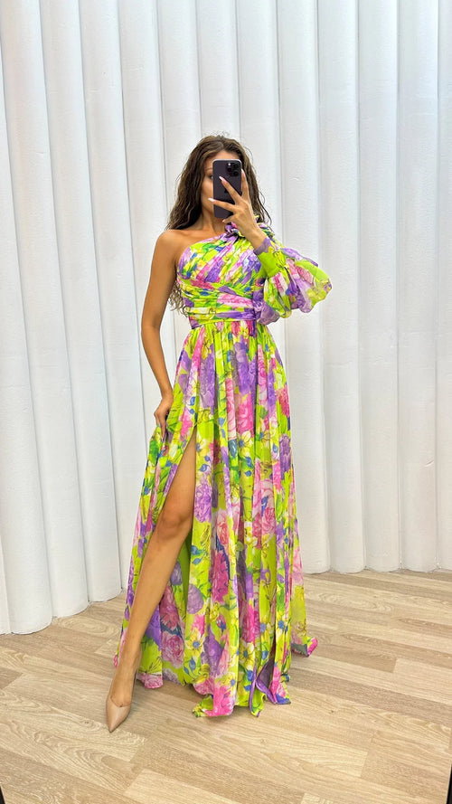 Alannah | Women’s Flowy Floral Print One Shoulder High Slit Maxi Dress