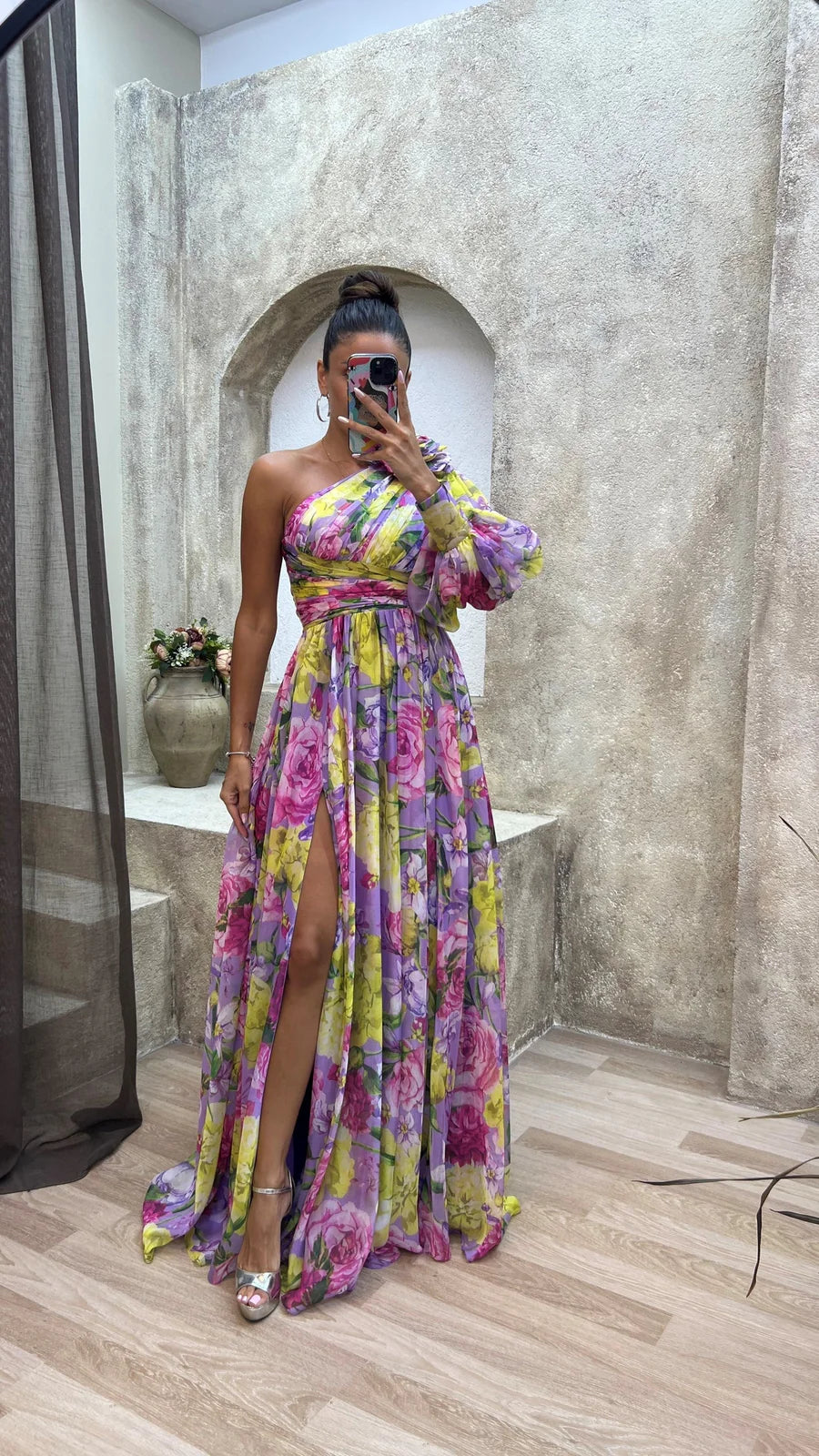 Alannah | Women’s Flowy Floral Print One Shoulder High Slit Maxi Dress