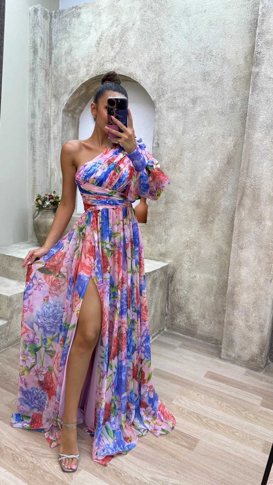 Alannah | Women’s Flowy Floral Print One Shoulder High Slit Maxi Dress