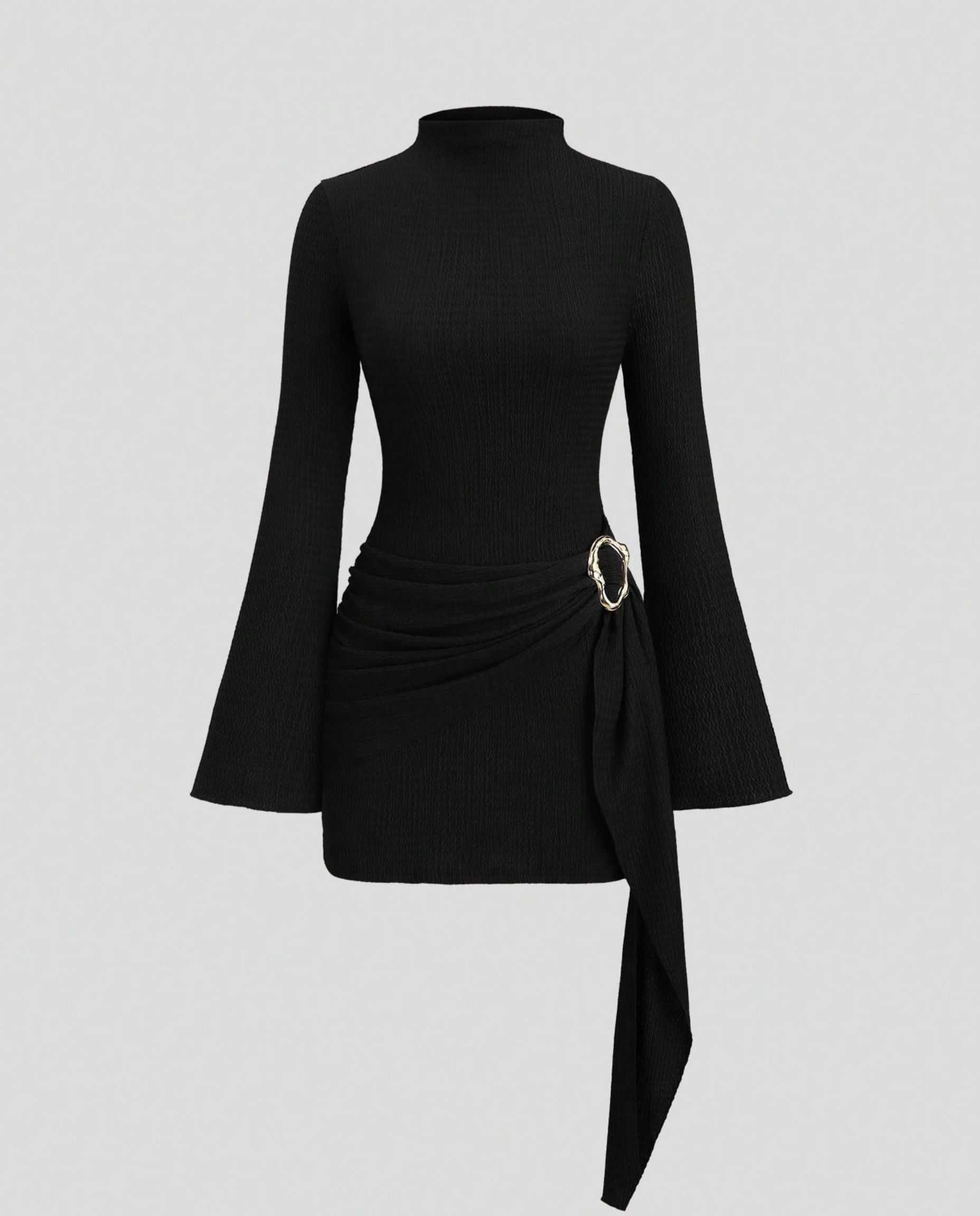 Alanza | Women's Side Tie High Neck Long Sleeve Mini Dress