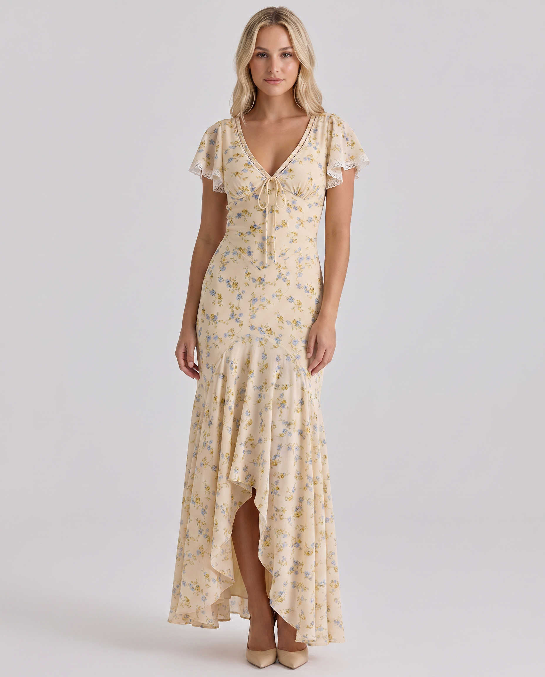 Alarice | Women's Floral V-Neck Asymmetrical Flowy Maxi Dress