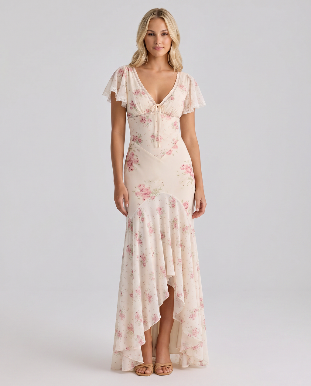 Alarice | Women's Floral V-Neck Asymmetrical Flowy Maxi Dress