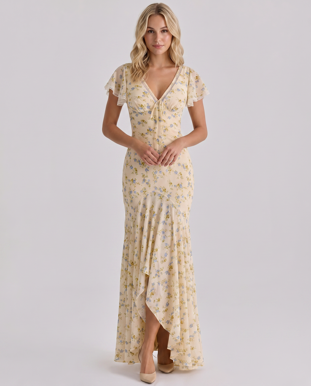 Alarice | Women's Floral V-Neck Asymmetrical Flowy Maxi Dress