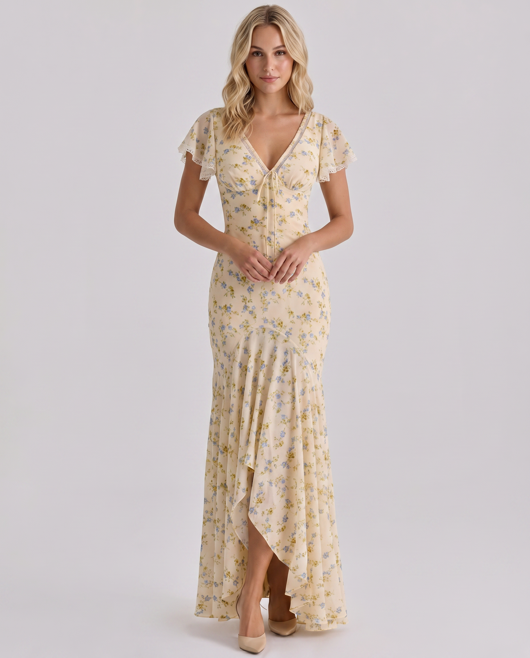 Alarice | Women's Floral V-Neck Asymmetrical Flowy Maxi Dress