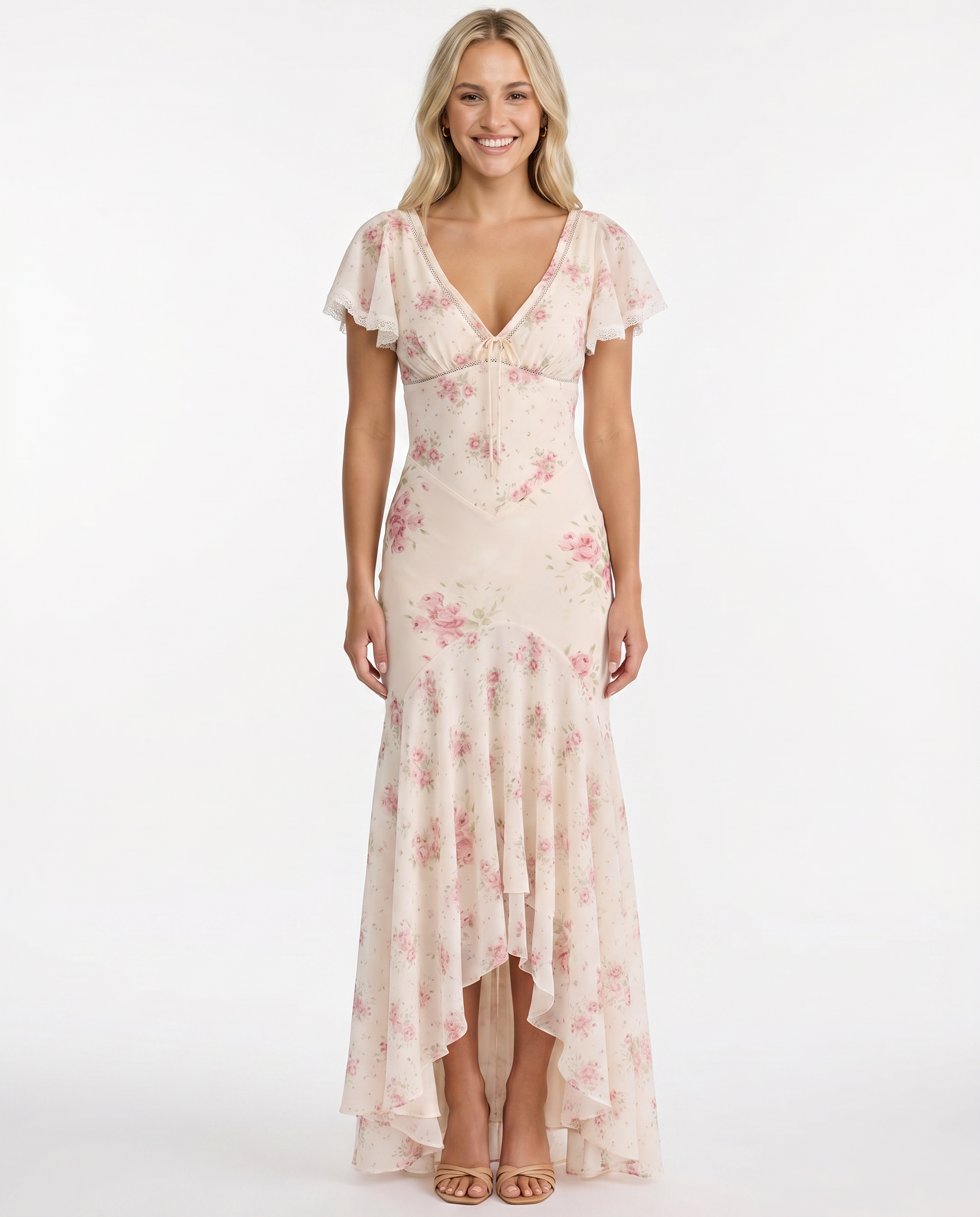 Alarice | Women's Floral V-Neck Asymmetrical Flowy Maxi Dress