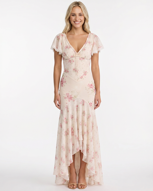 Alarice | Women's Floral V-Neck Asymmetrical Flowy Maxi Dress
