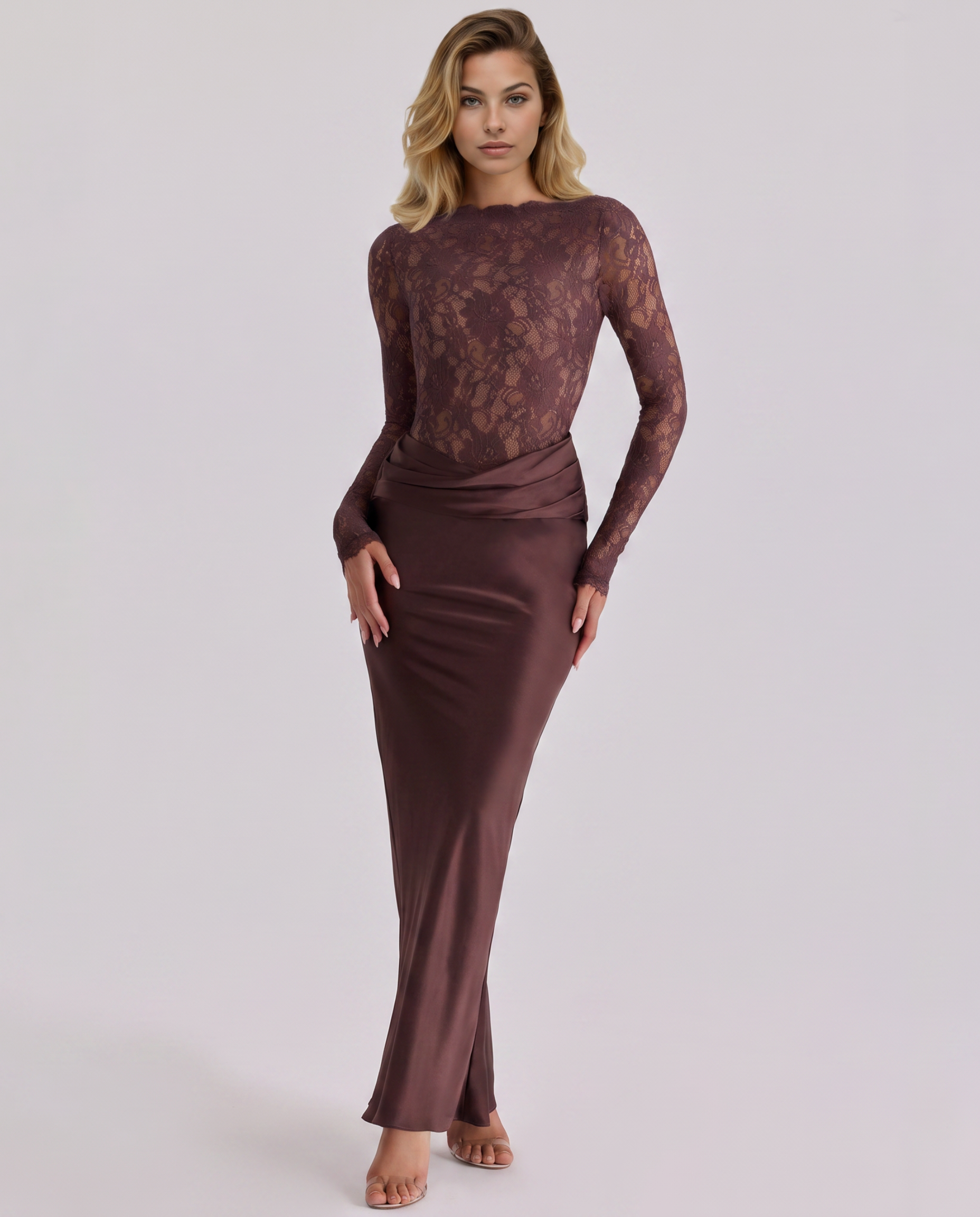 Alasia | Women's Fitted Long Sleeve Round Neck Maxi Dress