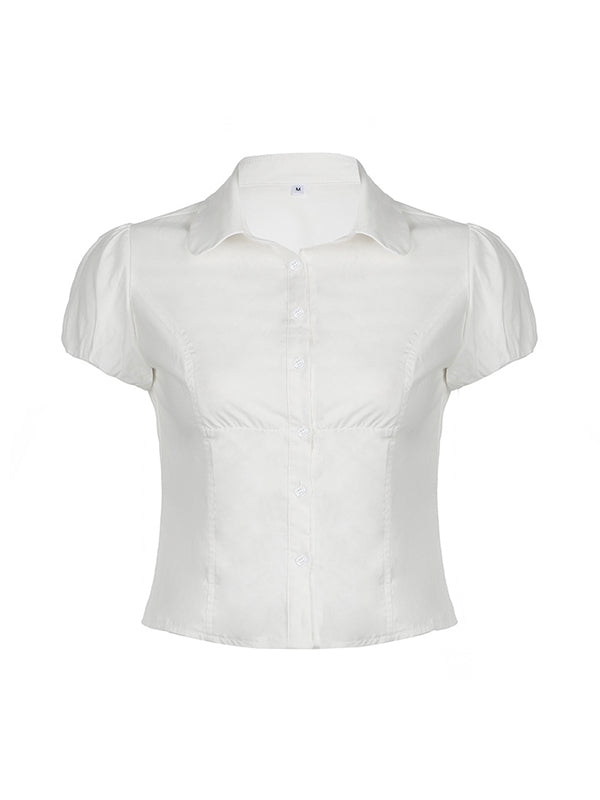 Alavina | Women's Short Sleeve Turn Down Collar White Shirt