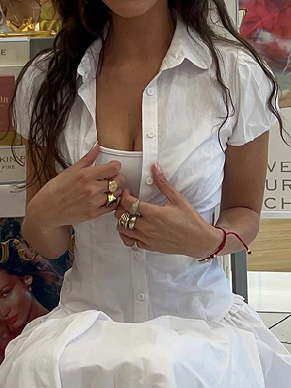 Alavina | Women's Short Sleeve Turn Down Collar White Shirt