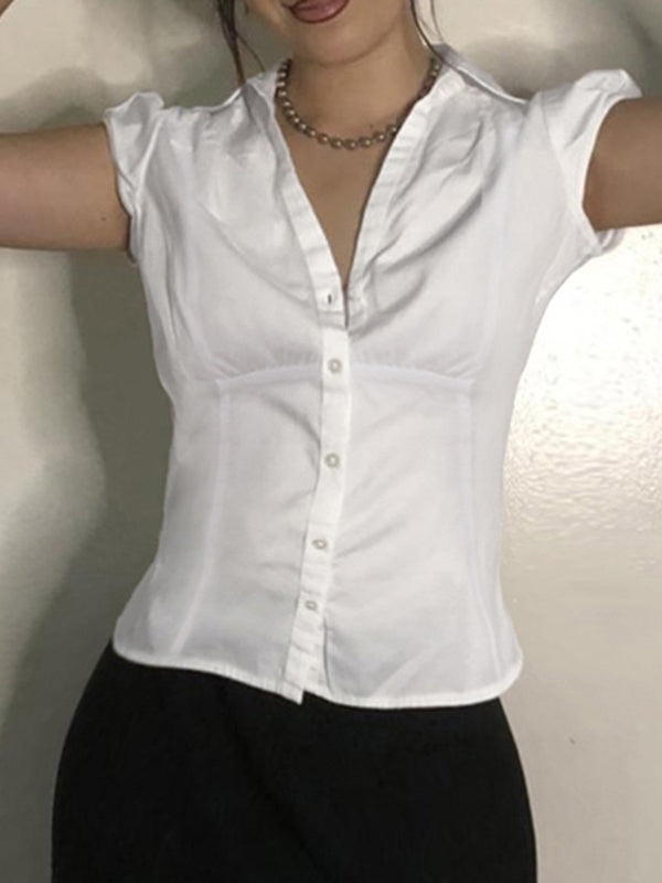 Alavina | Women's Short Sleeve Turn Down Collar White Shirt