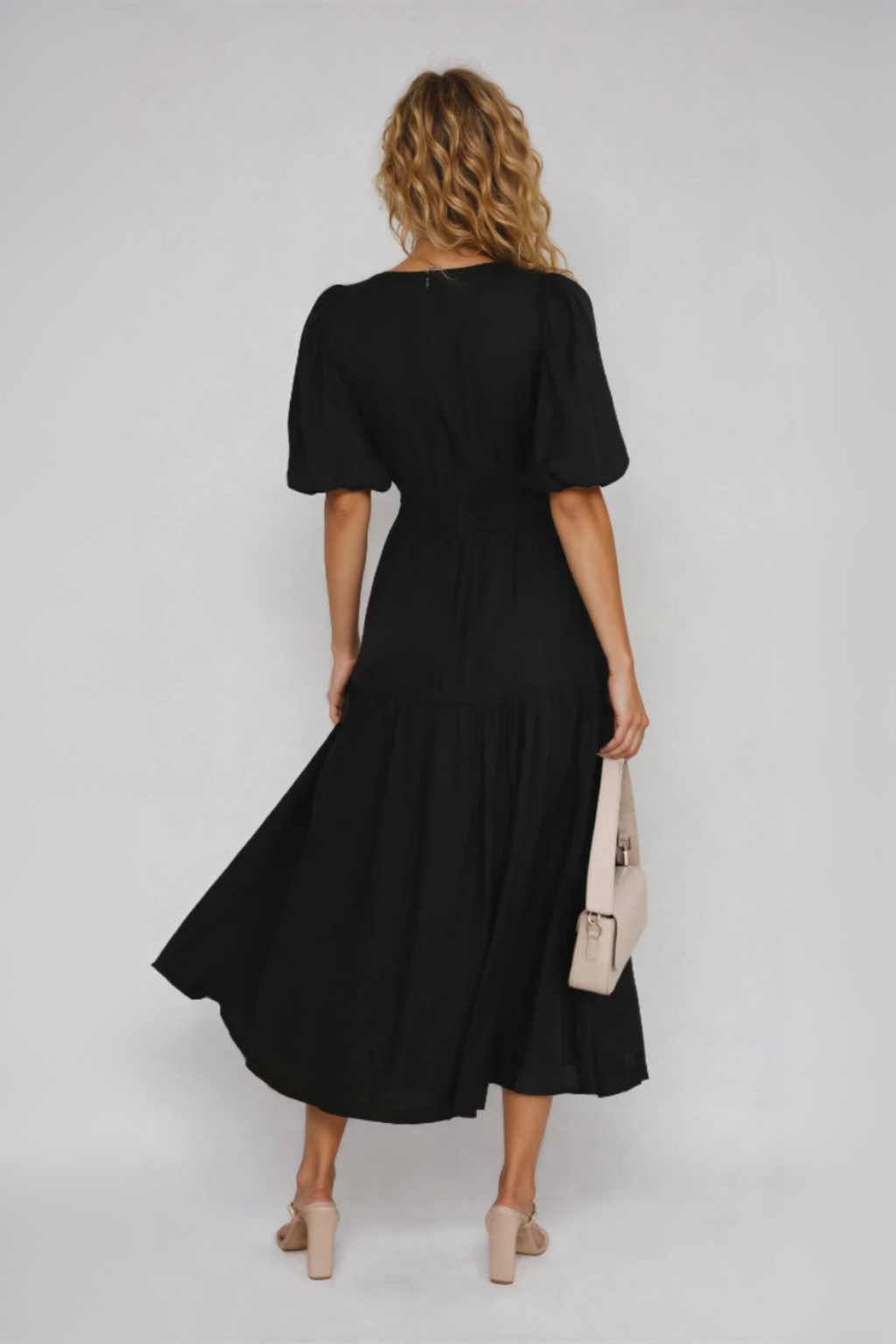 Alberta | Women's Puff Sleeve V Neck Flowy Midi Dress