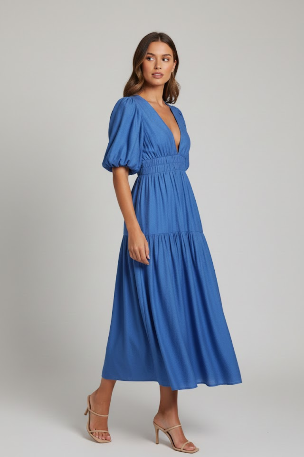 Alberta | Women's Puff Sleeve V Neck Flowy Midi Dress