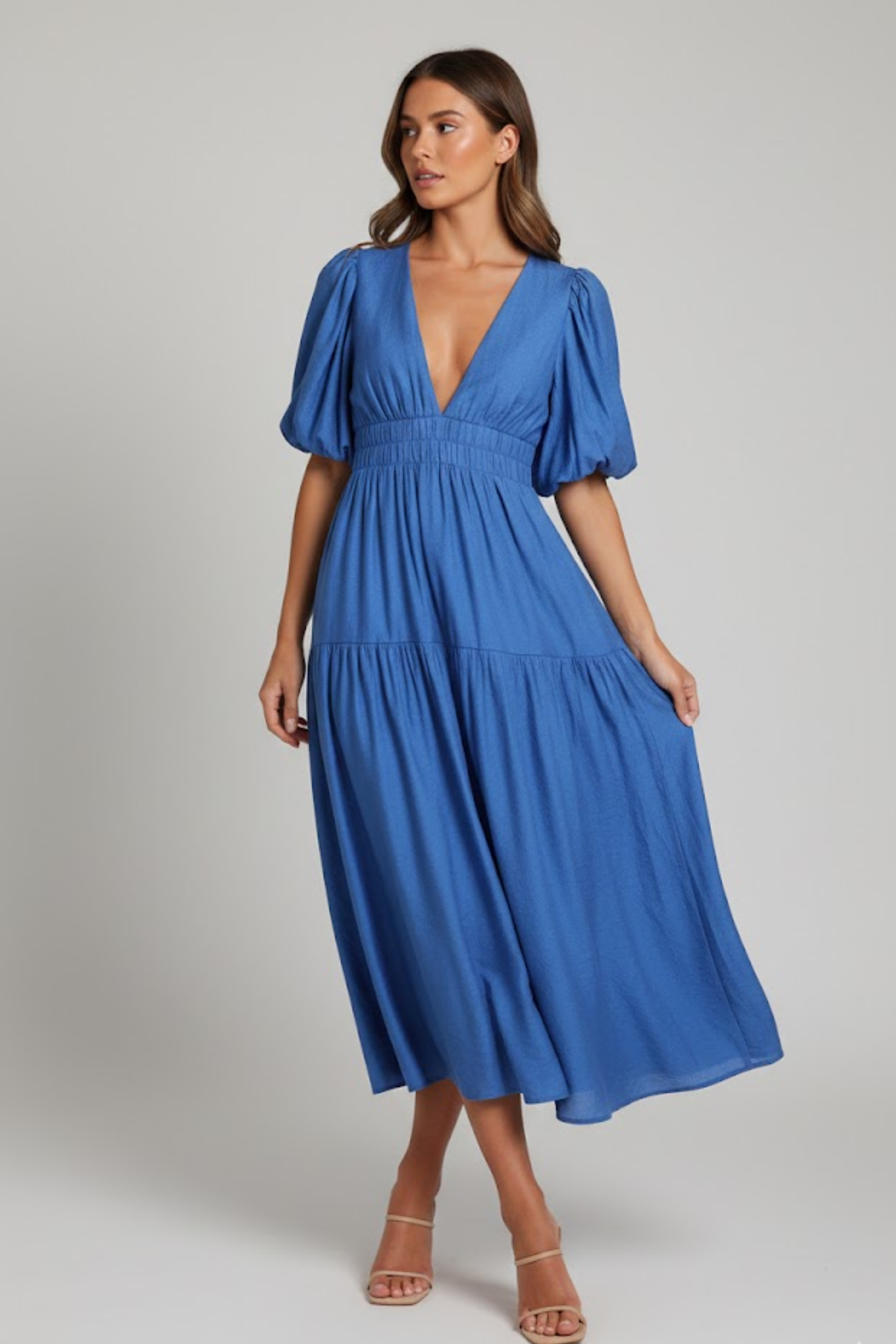 Alberta | Women's Puff Sleeve V Neck Flowy Midi Dress