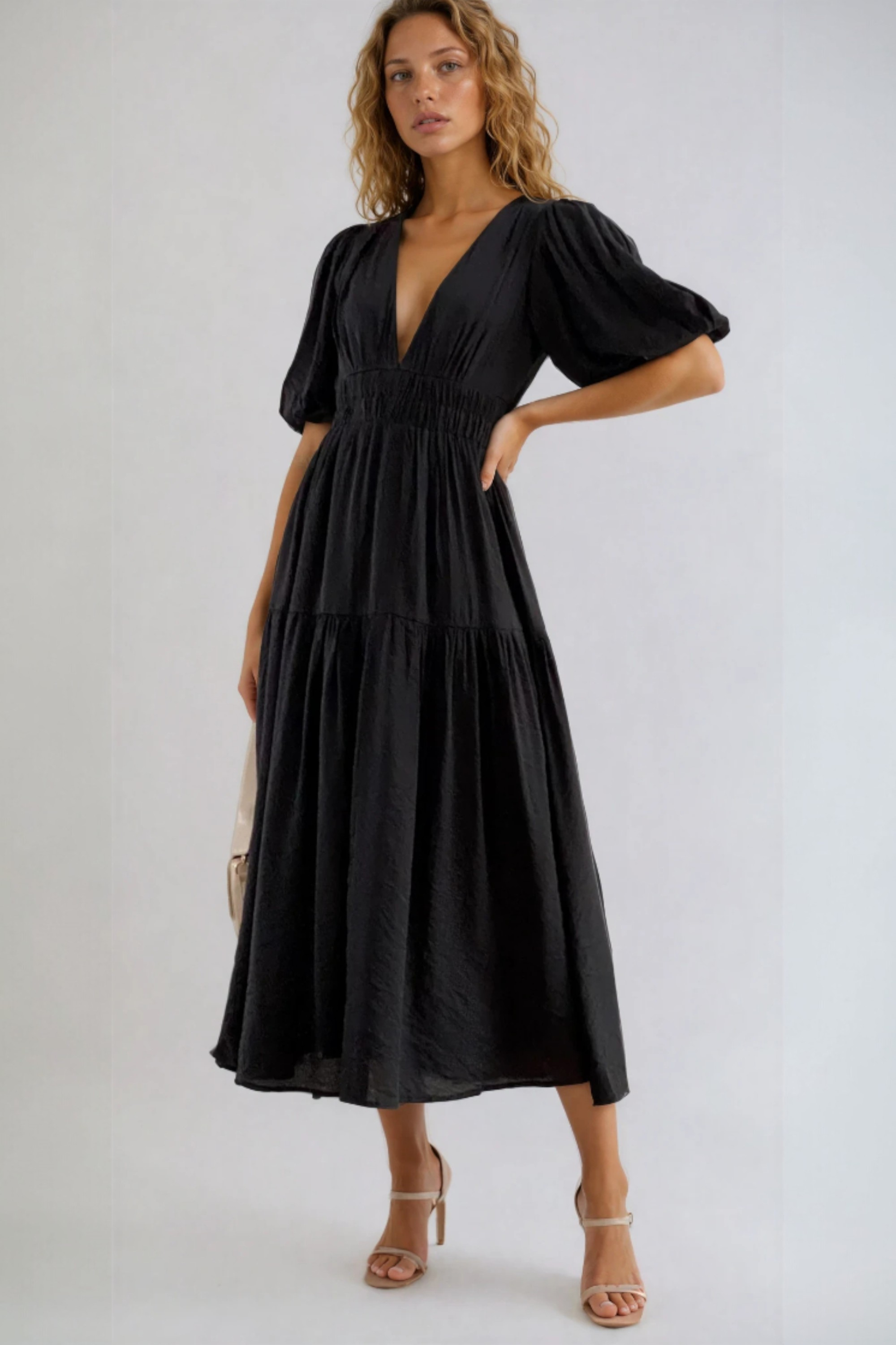 Alberta | Women's Puff Sleeve V Neck Flowy Midi Dress