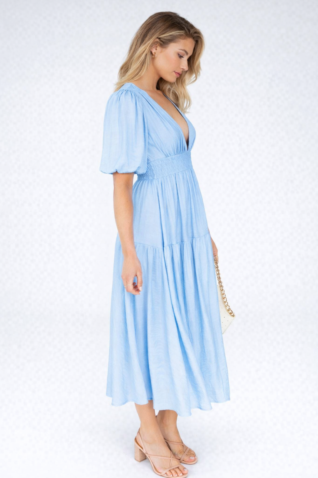 Alberta | Women's Puff Sleeve V Neck Flowy Midi Dress