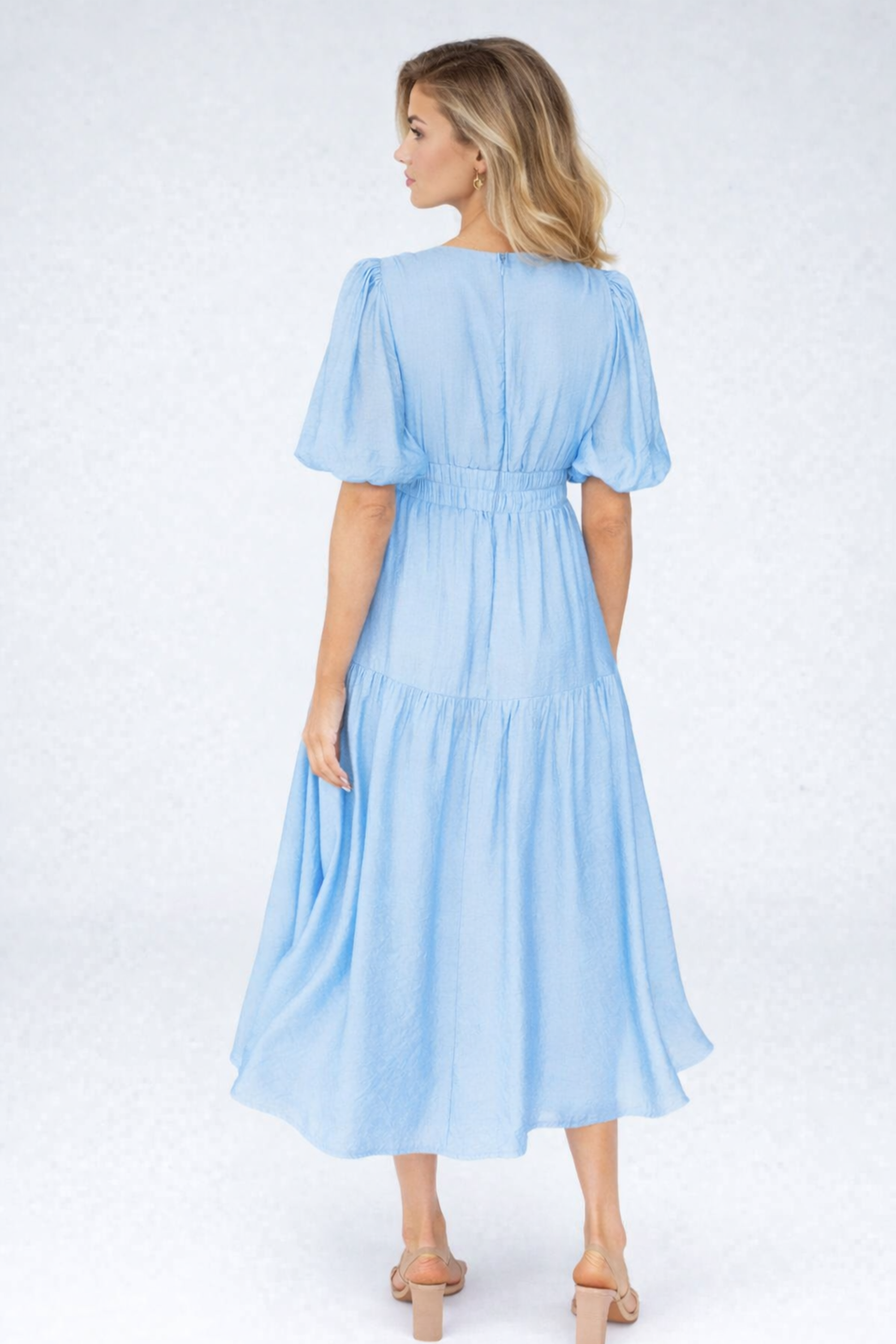 Alberta | Women's Puff Sleeve V Neck Flowy Midi Dress