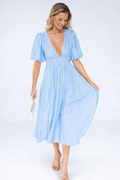 Alberta | Women's Puff Sleeve V Neck Flowy Midi Dress
