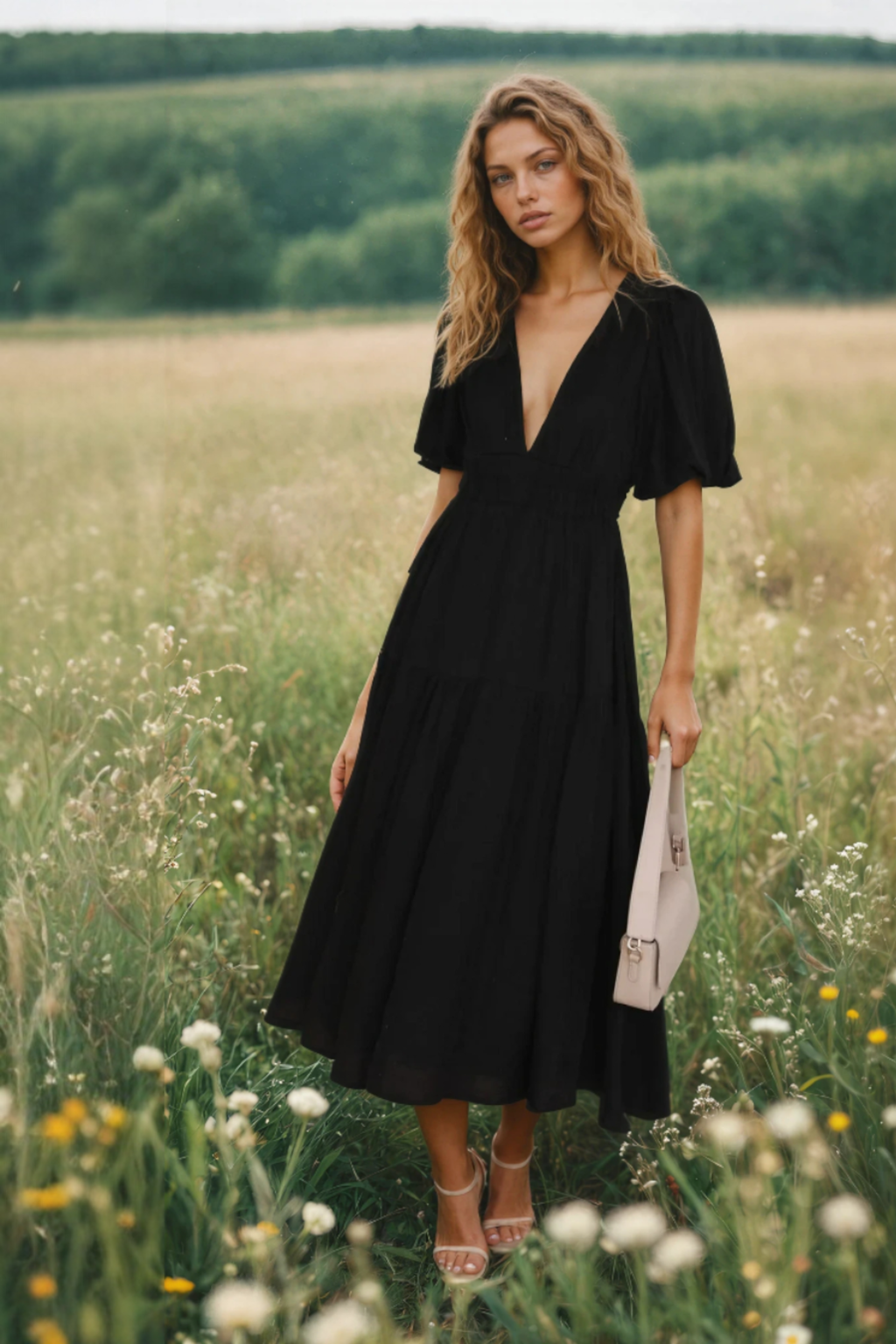 Alberta | Women's Puff Sleeve V Neck Flowy Midi Dress