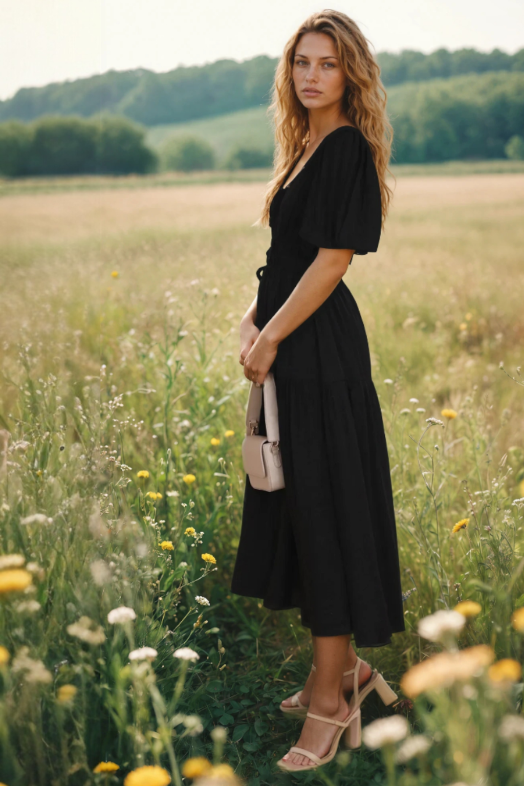 Alberta | Women's Puff Sleeve V Neck Flowy Midi Dress