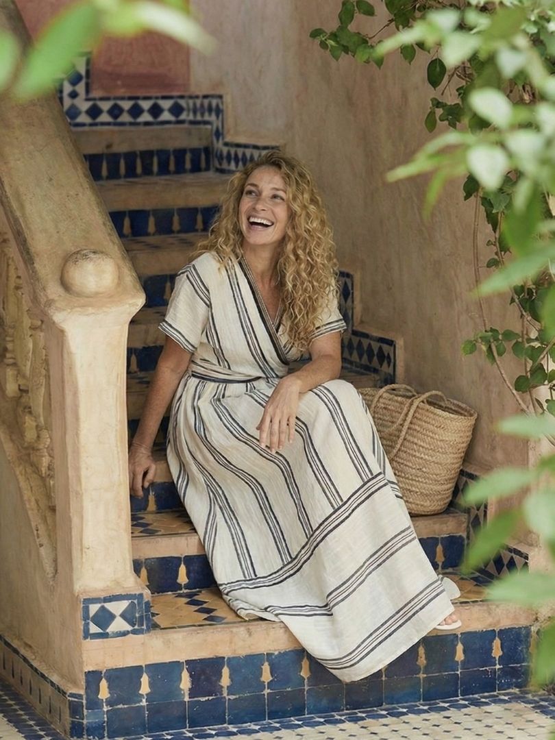 Alexandra | Women’s V Neck Short Sleeve Striped Midi Dress