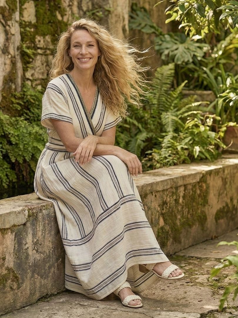 Alexandra | Women’s V Neck Short Sleeve Striped Midi Dress