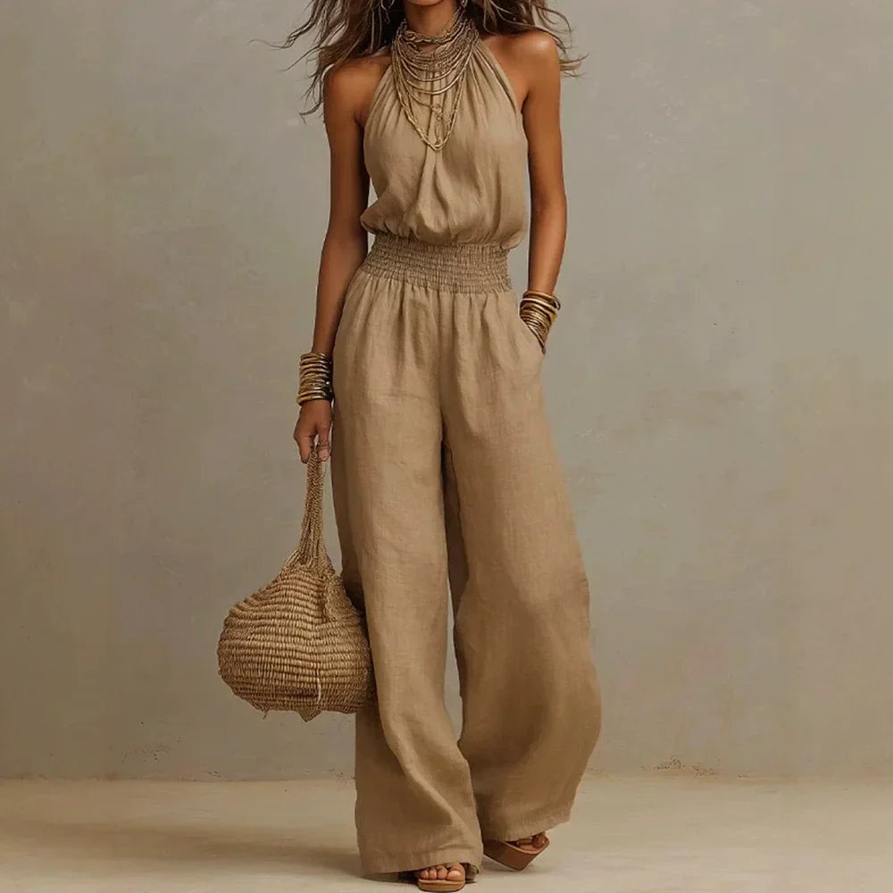 Aleyna | Women's Halter Neck Wide Leg Sleeveless Elastic Waist Jumpsuit