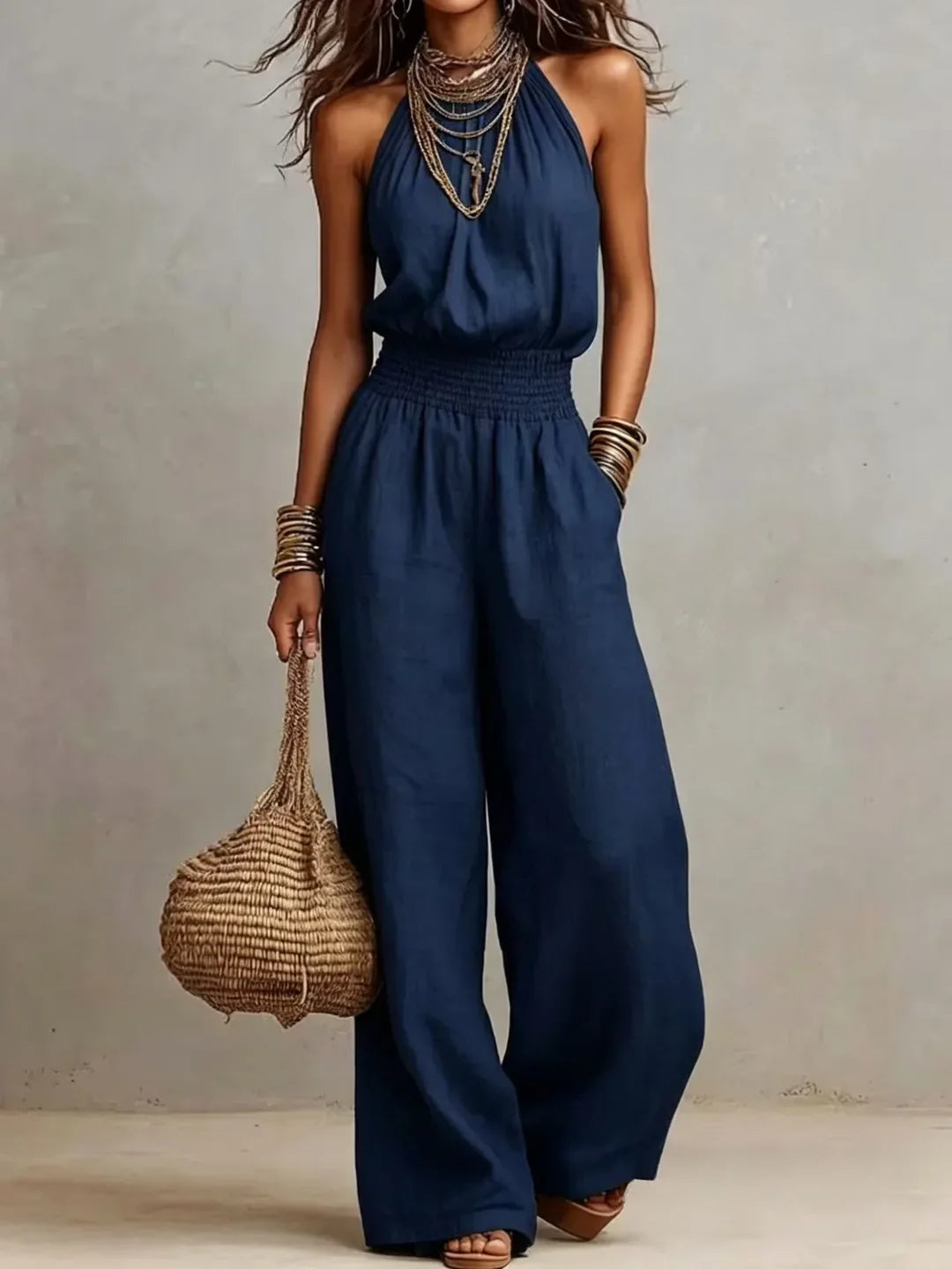 Aleyna | Women's Halter Neck Wide Leg Sleeveless Elastic Waist Jumpsuit