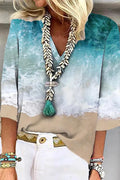 Lilyanne | Women's Ocean Print V Neck Summer Blue Blouse