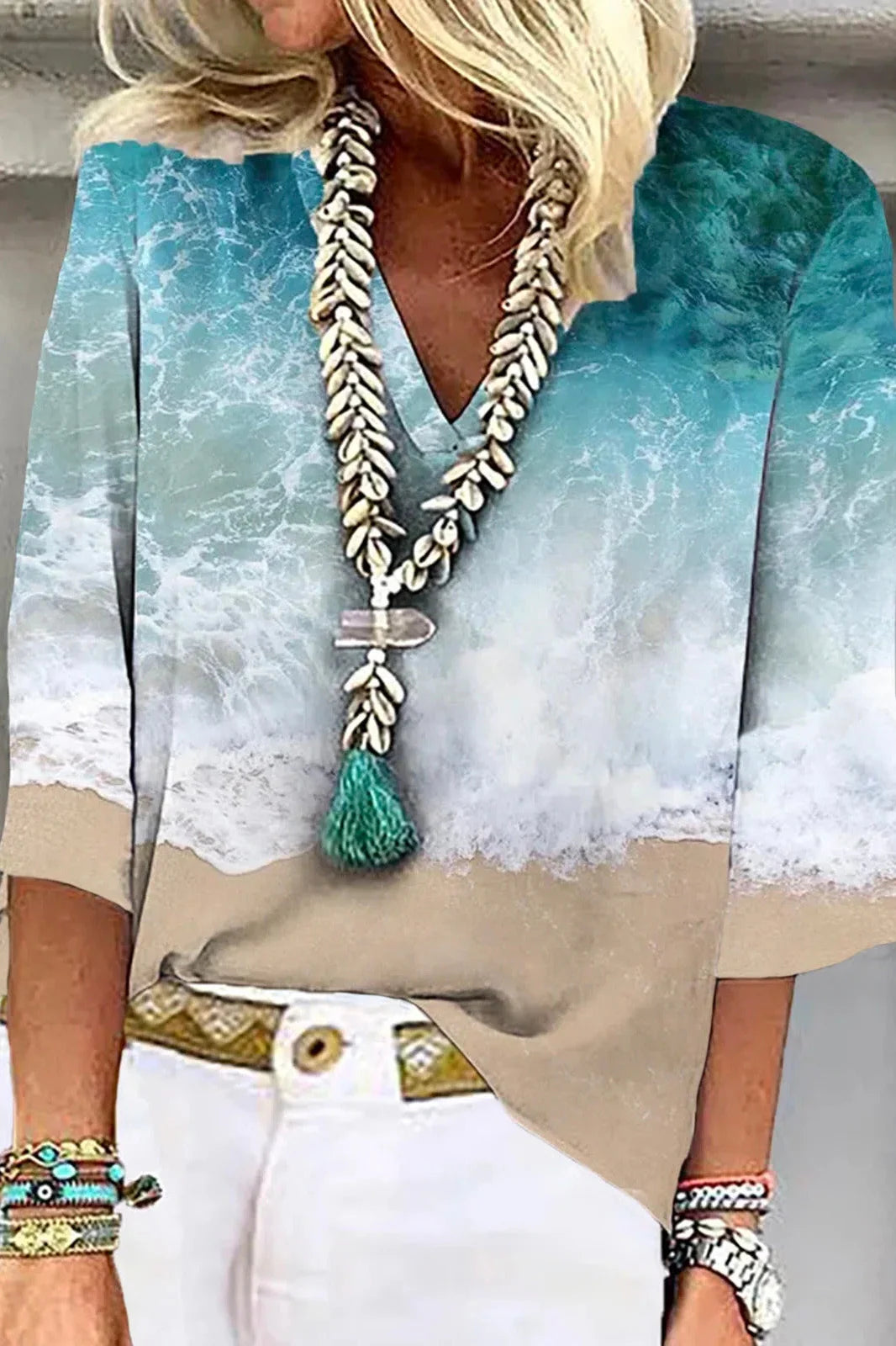 Lilyanne | Women's Ocean Print V Neck Summer Blue Blouse