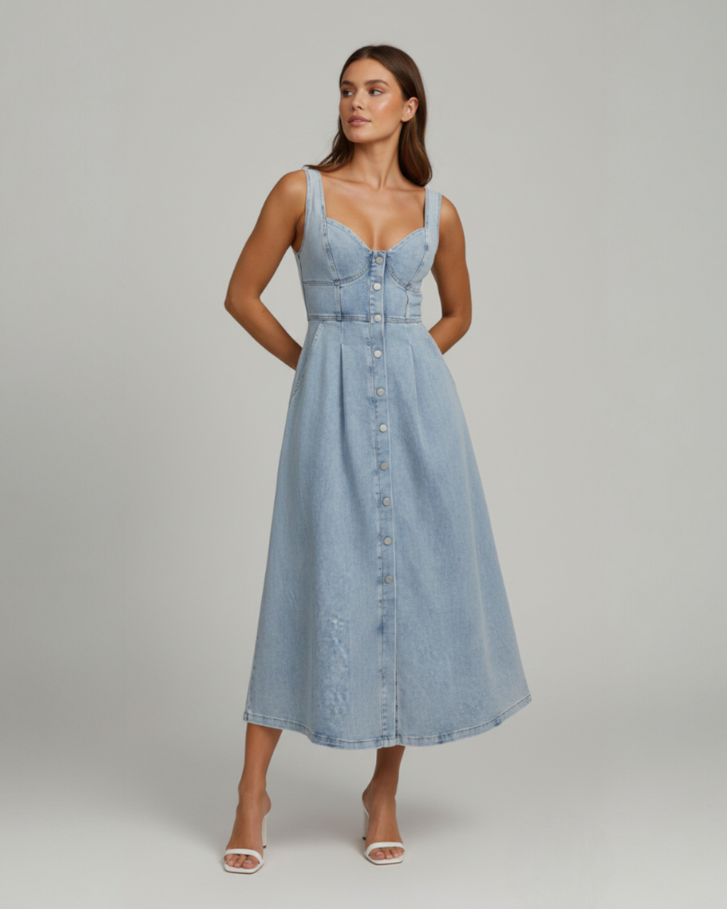 Alima | Women's Sweetheart Neck Sleeveless Denim Midi Dress
