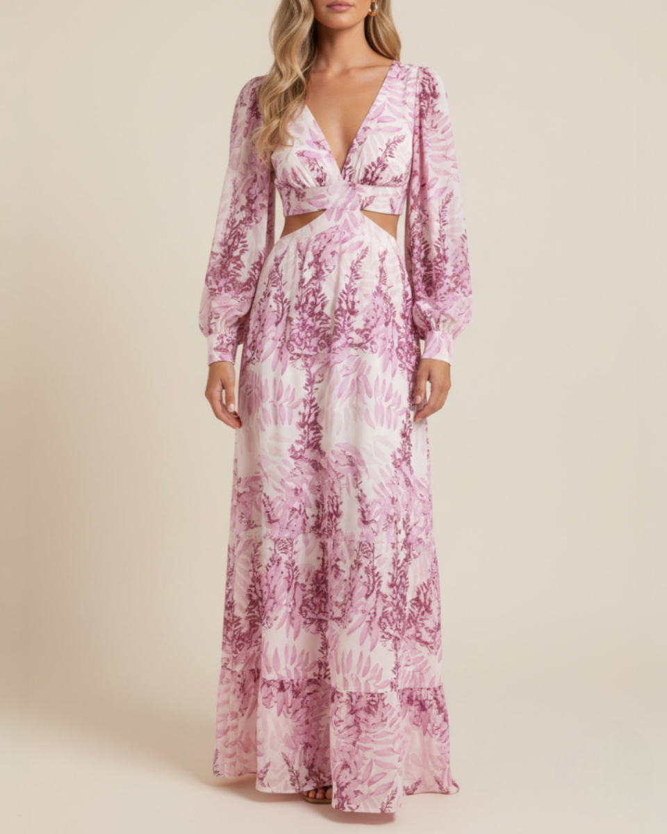 Alinda | Women's Long Sleeve Print Cut-Out Flowy Maxi Dress