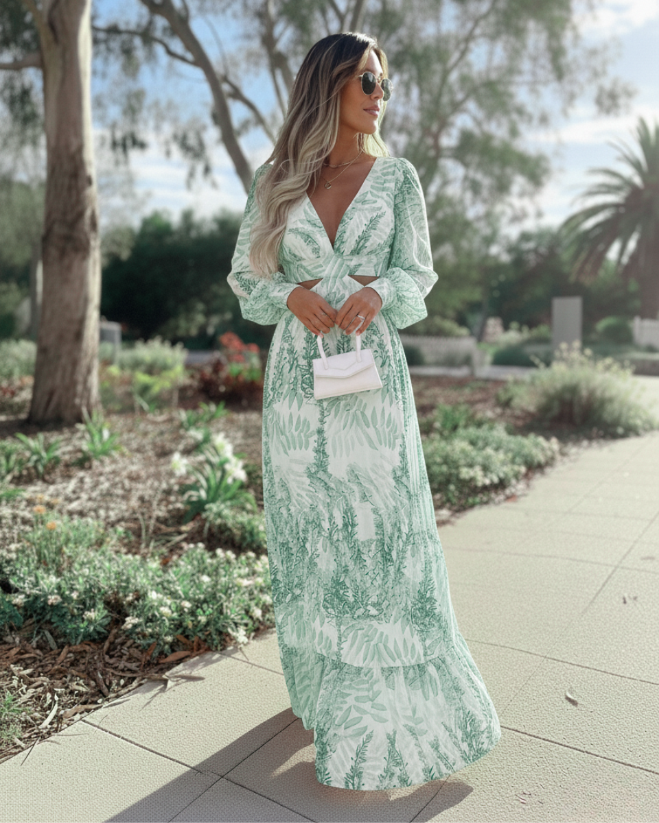 Alinda | Women's Long Sleeve Print Cut-Out Flowy Maxi Dress