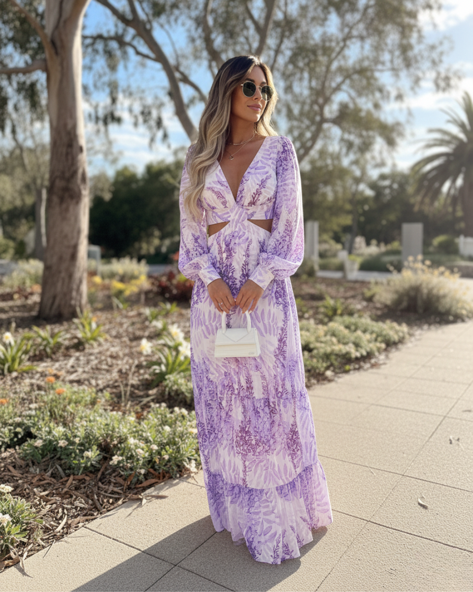 Alinda | Women's Long Sleeve Print Cut-Out Flowy Maxi Dress